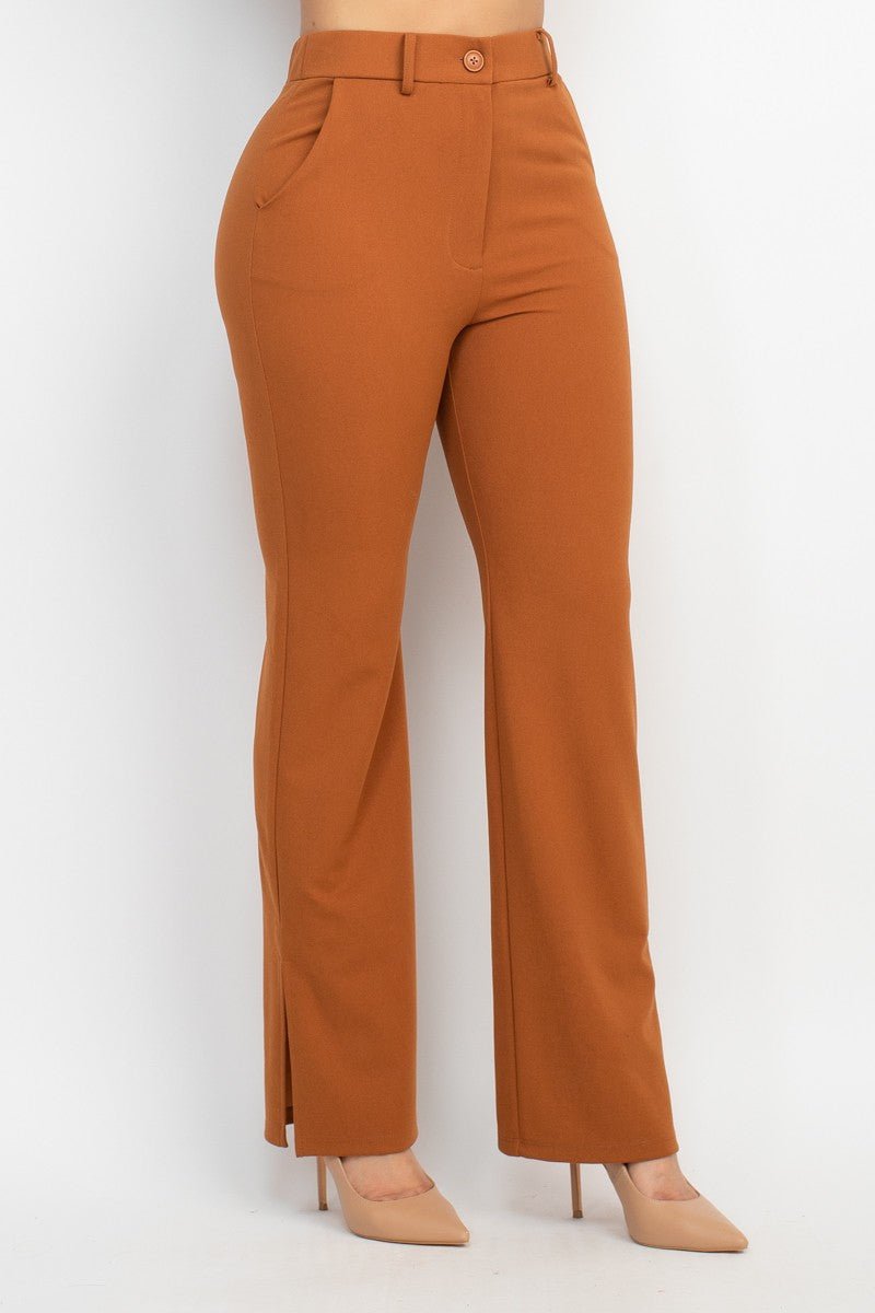 Cognac Side Slit Pants with Elastic Back | Trendy Fall Look