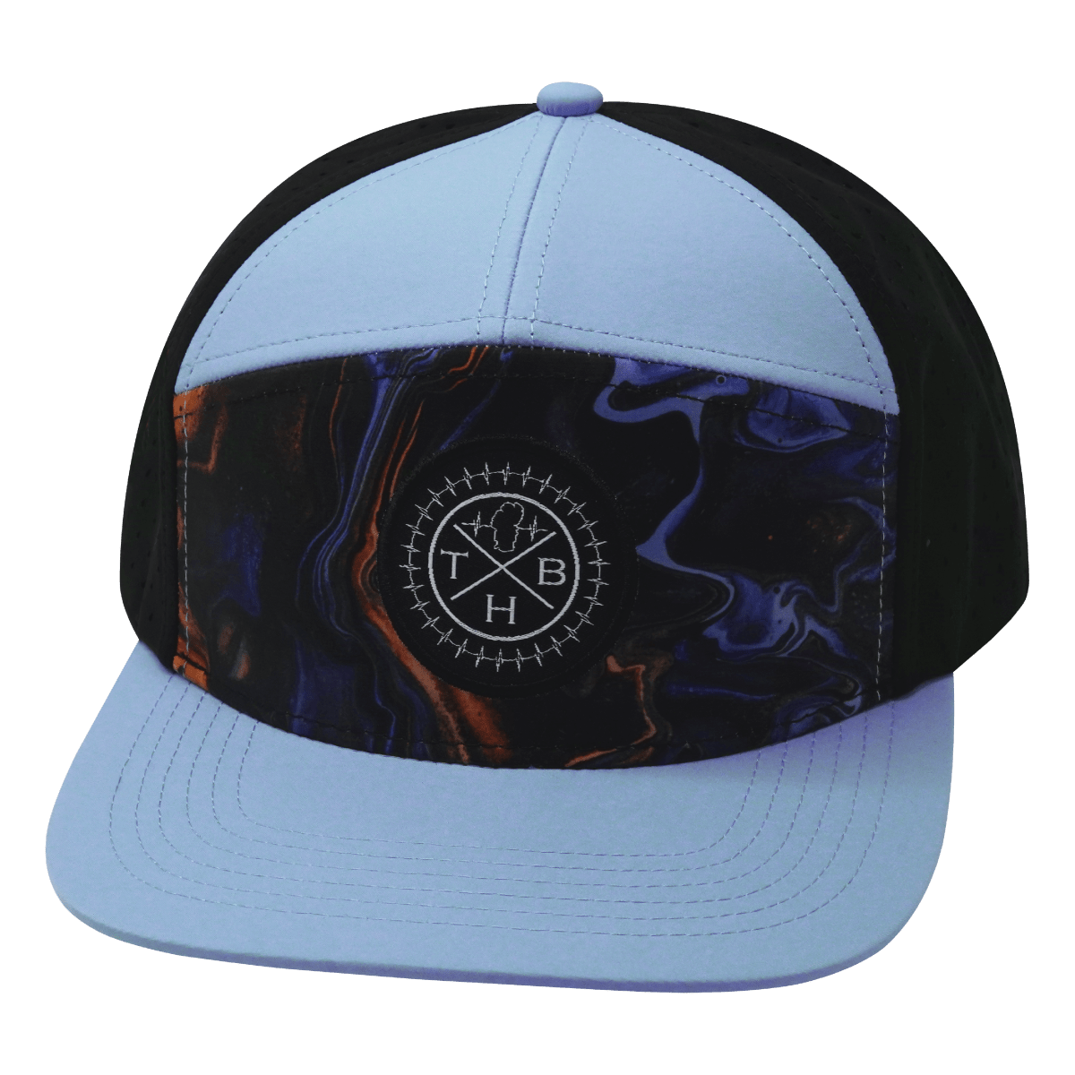 The Heartbeat Brand **ADULT** Color Vibes Hat - Flat Bill - Midnight Mirage - Baby Blue / Black - Laser Mesh — The Heartbeat Brand branding close-up