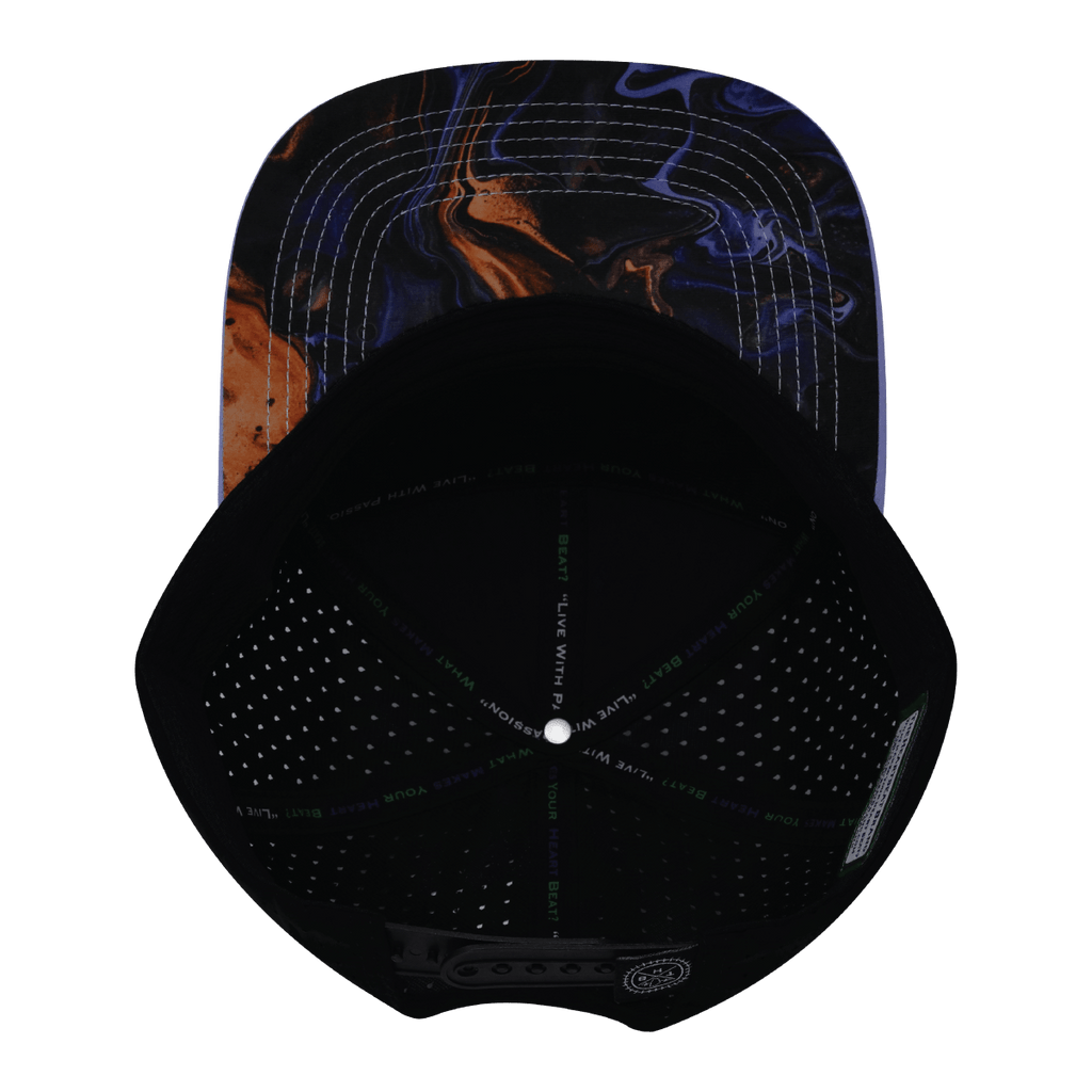 The Heartbeat Brand **ADULT** Color Vibes Hat - Flat Bill - Midnight Mirage - Baby Blue / Black - Laser Mesh — lifestyle worn / used context