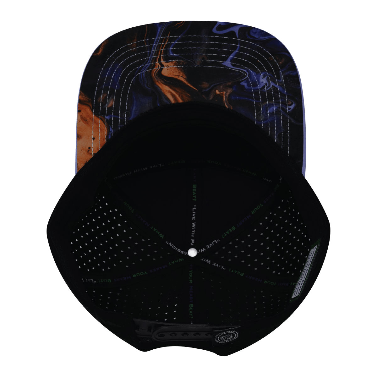 The Heartbeat Brand **ADULT** Color Vibes Hat - Flat Bill - Midnight Mirage - Baby Blue / Black - Laser Mesh — lifestyle worn / used context