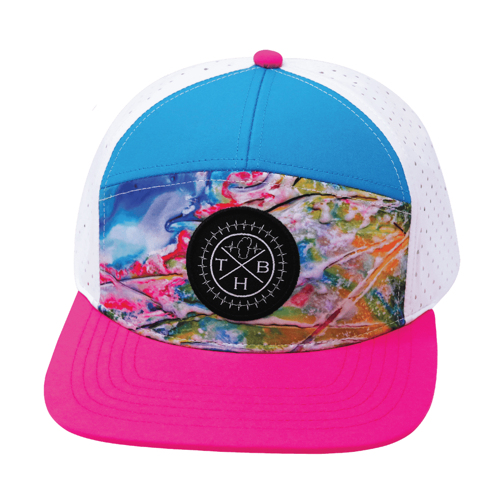 The Heartbeat Brand **ADULT** Color Vibes Hat - Flat Bill - Candy Land - Neon Pink / Neon Blue / White - Laser Mesh — The Heartbeat Brand branding close-up
