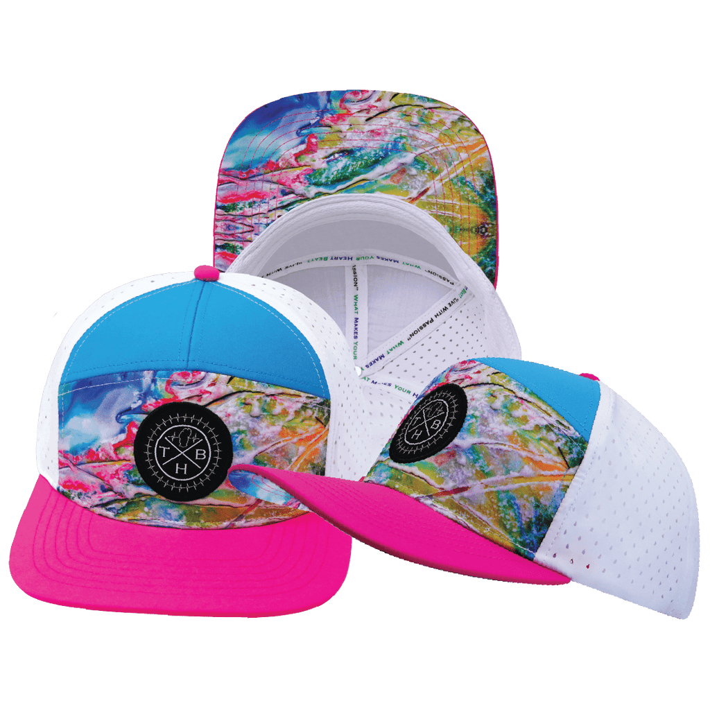 The Heartbeat Brand **ADULT** Color Vibes Hat - Flat Bill - Candy Land - Neon Pink / Neon Blue / White - Laser Mesh — main product shot