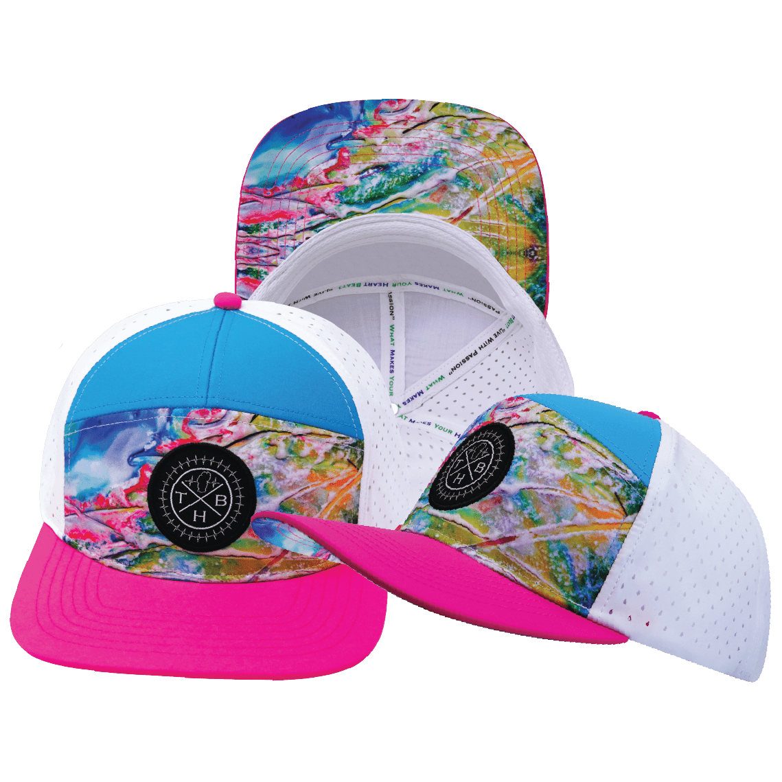 The Heartbeat Brand **ADULT** Color Vibes Hat - Flat Bill - Candy Land - Neon Pink / Neon Blue / White - Laser Mesh — main product shot