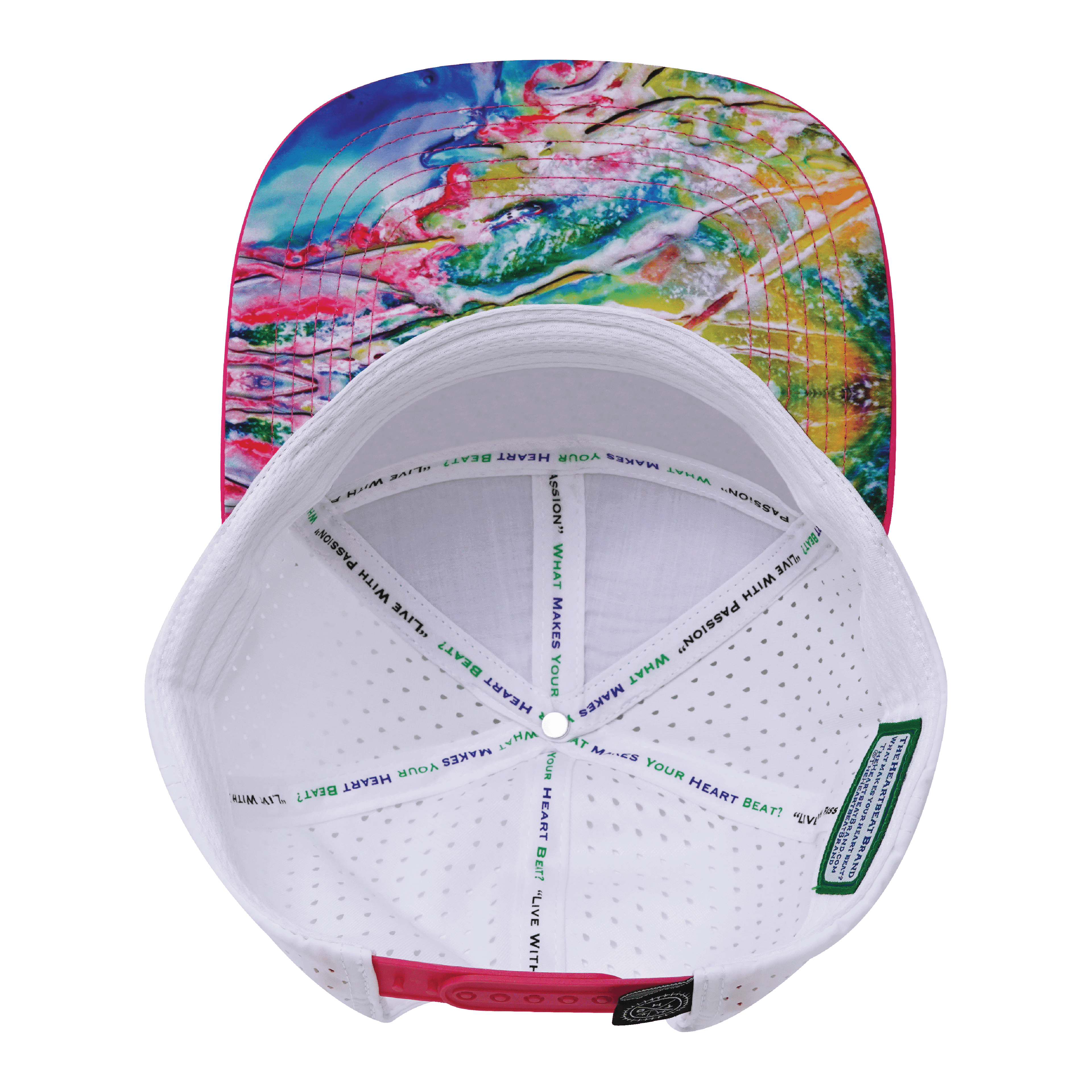 The Heartbeat Brand **ADULT** Color Vibes Hat - Flat Bill - Candy Land - Neon Pink / Neon Blue / White - Laser Mesh — lifestyle worn / used context