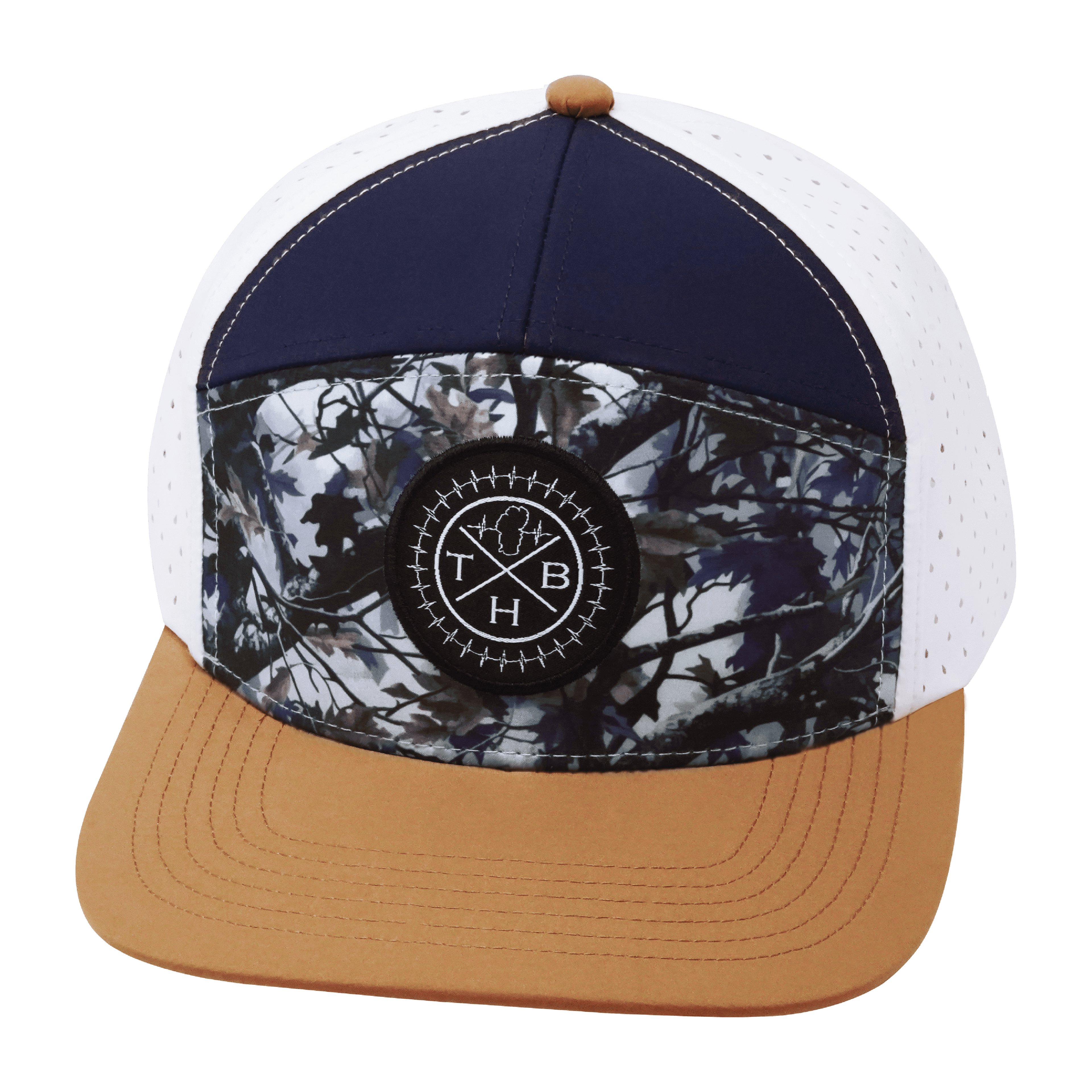 The Heartbeat Brand **ADULT** Color Vibes Hat - Flat Bill - Evening Leaves - Light Tan / Navy / White - Laser Mesh — The Heartbeat Brand branding close-up