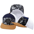 The Heartbeat Brand **ADULT** Color Vibes Hat - Flat Bill - Evening Leaves - Light Tan / Navy / White - Laser Mesh — main product shot