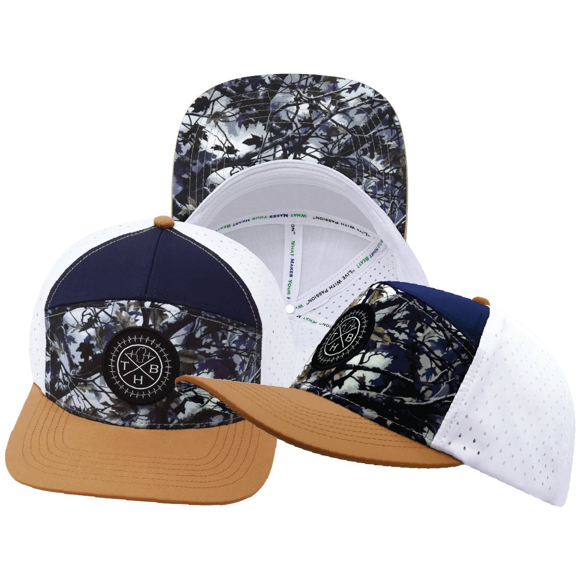 The Heartbeat Brand **ADULT** Color Vibes Hat - Flat Bill - Evening Leaves - Light Tan / Navy / White - Laser Mesh — main product shot