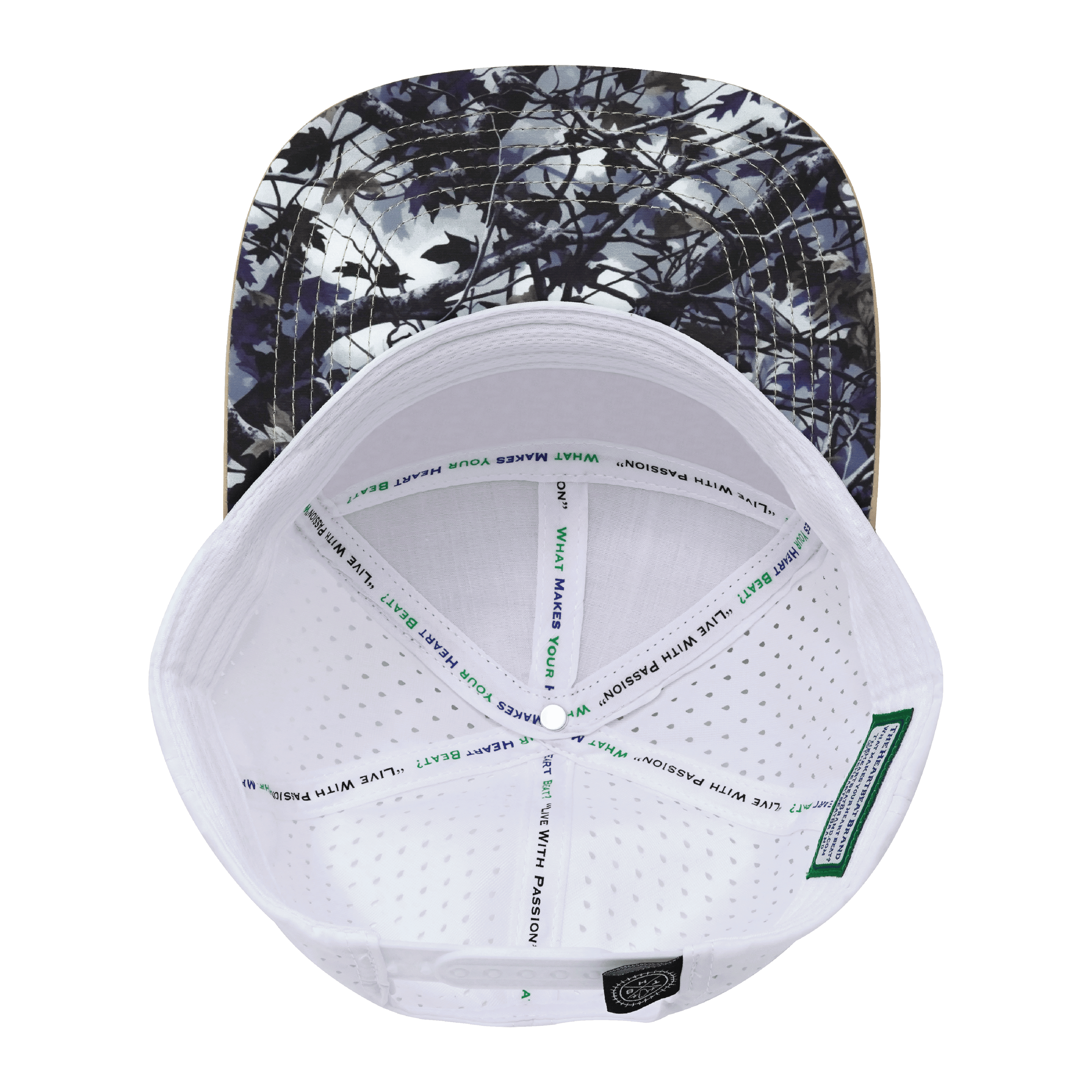 The Heartbeat Brand **ADULT** Color Vibes Hat - Flat Bill - Evening Leaves - Light Tan / Navy / White - Laser Mesh — lifestyle worn / used context