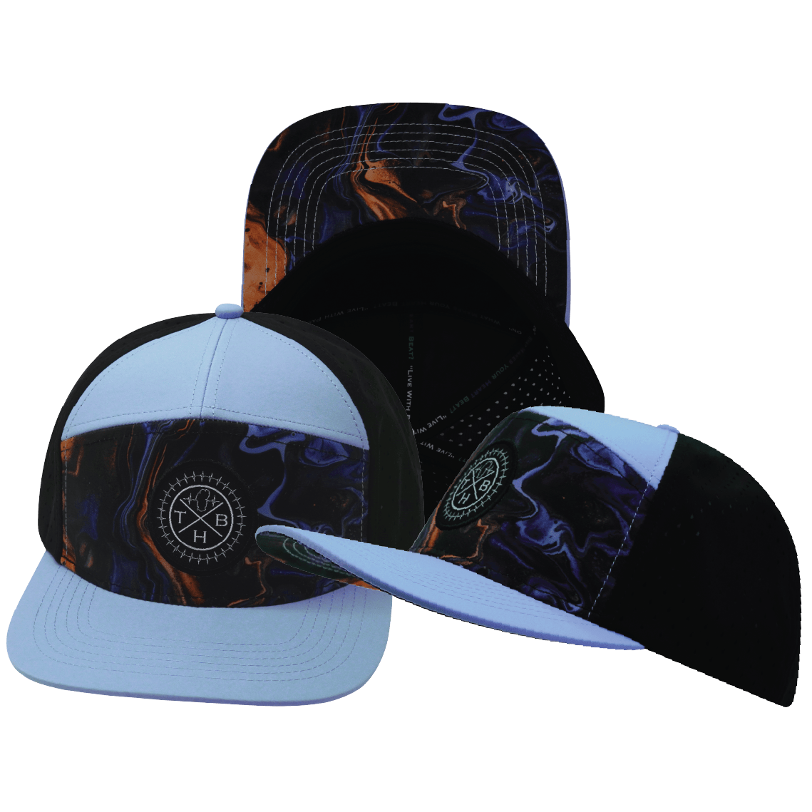 The Heartbeat Brand **ADULT** Color Vibes Hat - Flat Bill - Midnight Mirage - Baby Blue / Black - Laser Mesh — main product shot