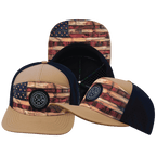 **ADULT** Color Vibes Hat - Flat Bill - Stained Flag - Light Tan / Navy - Laser Mesh