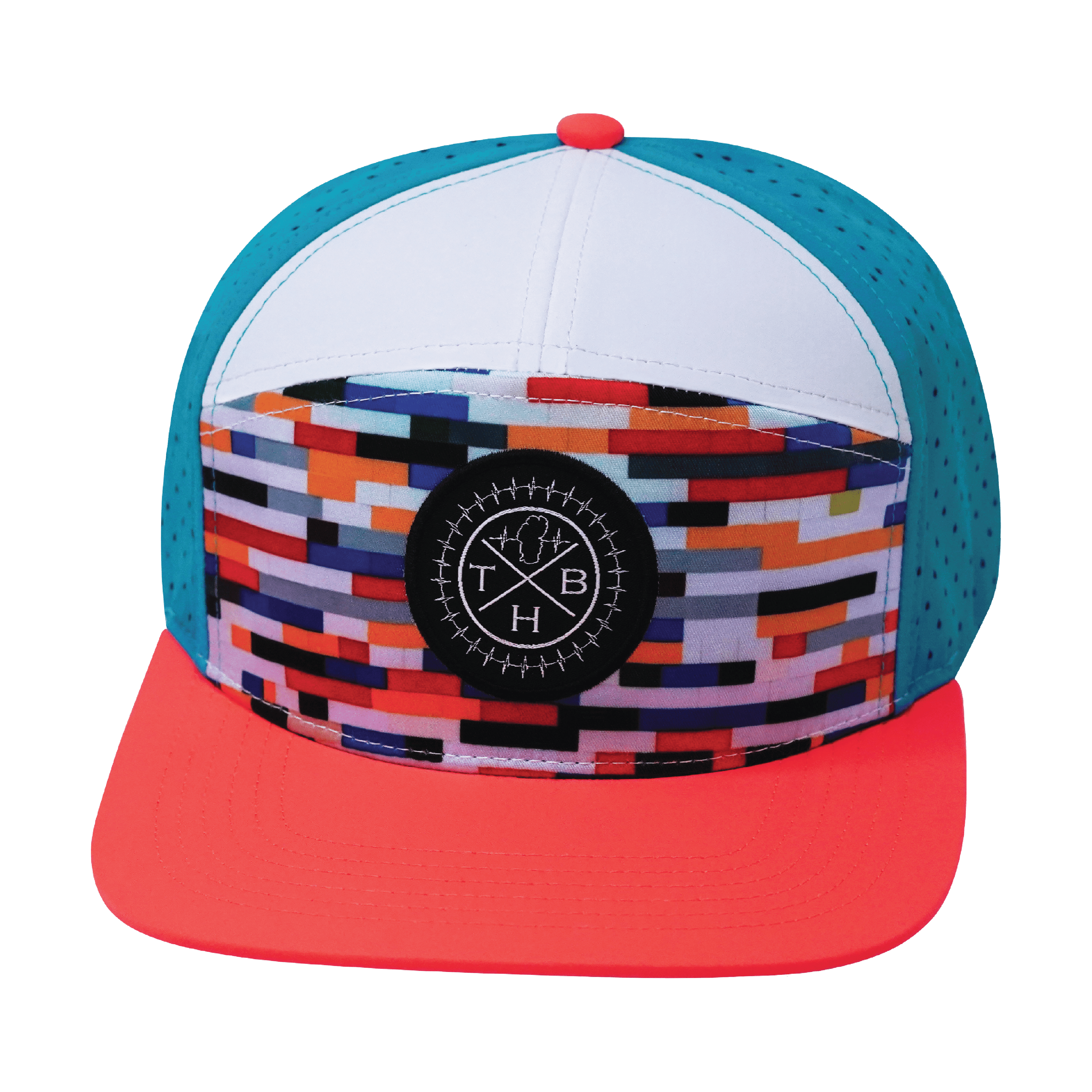 **ADULT** Color Vibes Hat - Flat Bill - Party Blocks - Neon Peach / White / Neon Blue - Laser Mesh