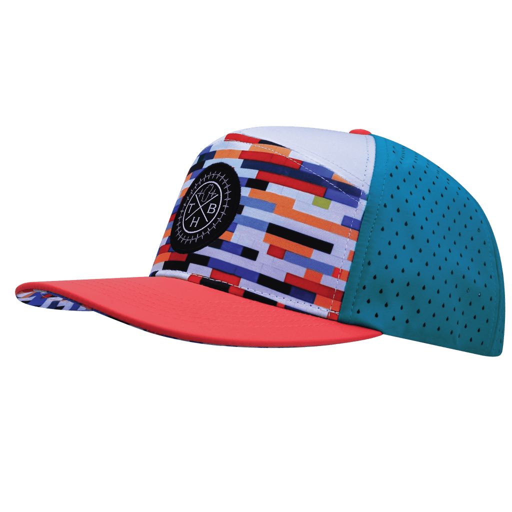 **ADULT** Color Vibes Hat - Flat Bill - Party Blocks - Neon Peach / White / Neon Blue - Laser Mesh