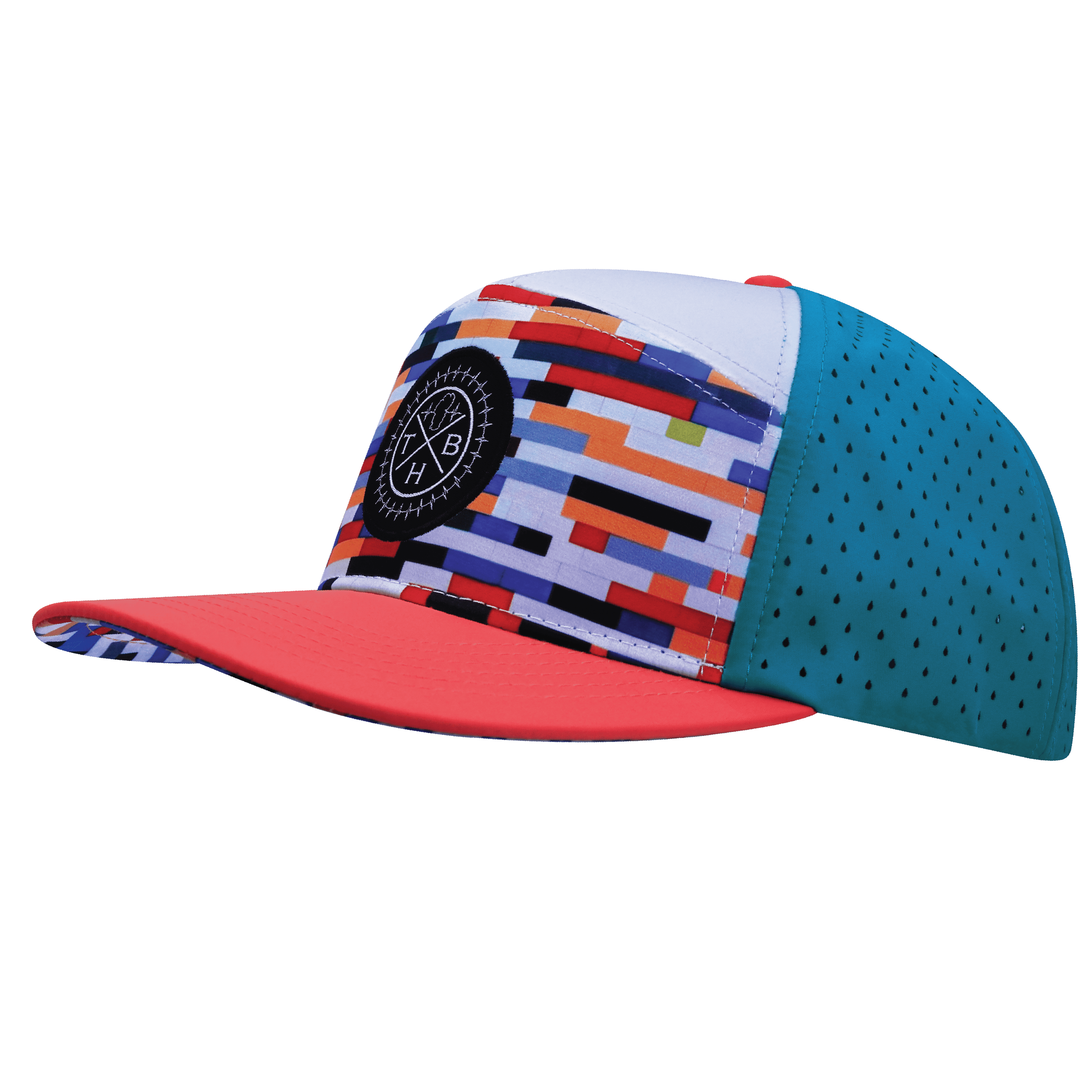 **ADULT** Color Vibes Hat - Flat Bill - Party Blocks - Neon Peach / White / Neon Blue - Laser Mesh
