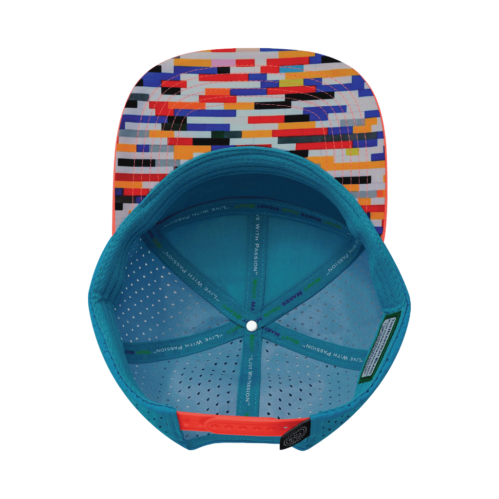 **ADULT** Color Vibes Hat - Flat Bill - Party Blocks - Neon Peach / White / Neon Blue - Laser Mesh
