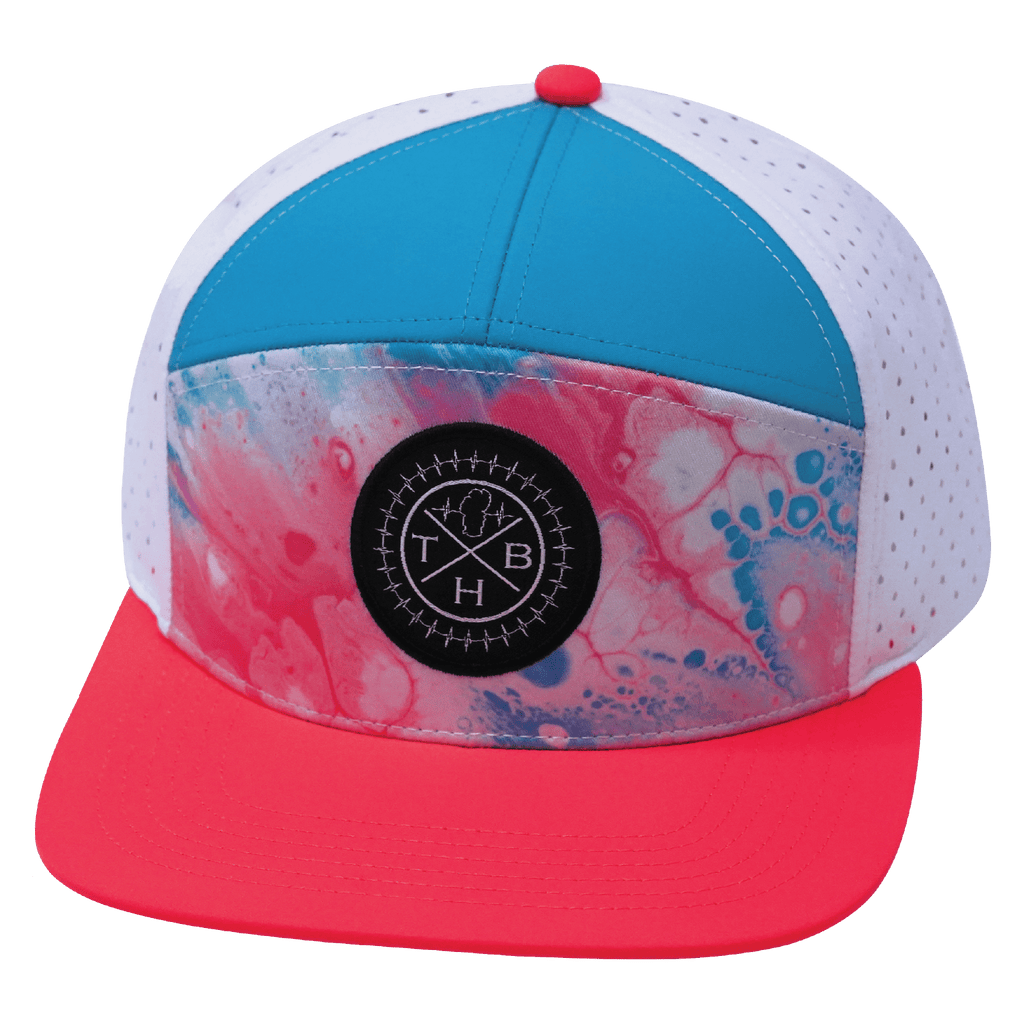 The Heartbeat Brand **ADULT** Color Vibes Hat - Flat Bill - Pixi Dust - Neon Peach / Neon Blue / White - Laser Mesh — The Heartbeat Brand branding close-up