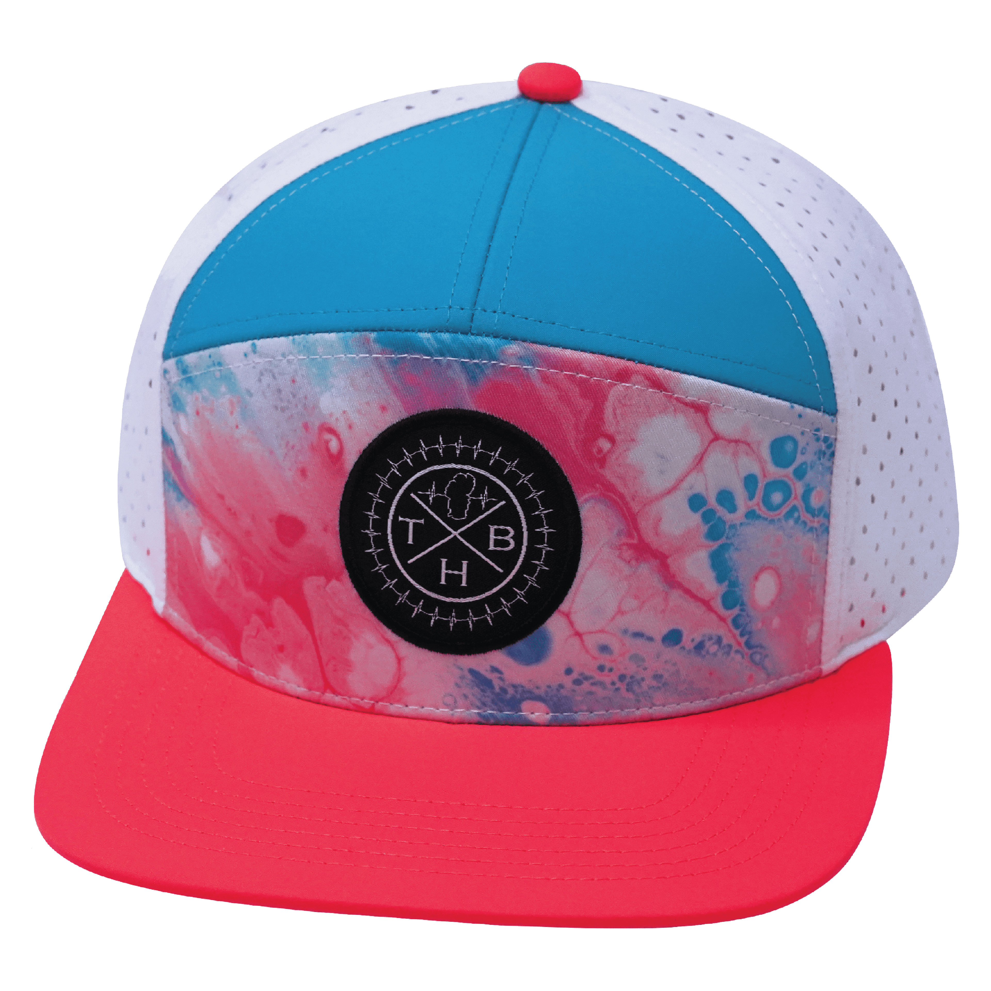 The Heartbeat Brand **ADULT** Color Vibes Hat - Flat Bill - Pixi Dust - Neon Peach / Neon Blue / White - Laser Mesh — The Heartbeat Brand branding close-up