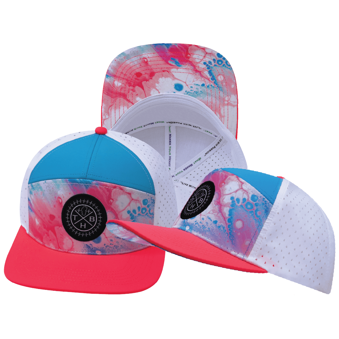 The Heartbeat Brand **ADULT** Color Vibes Hat - Flat Bill - Pixi Dust - Neon Peach / Neon Blue / White - Laser Mesh — main product shot