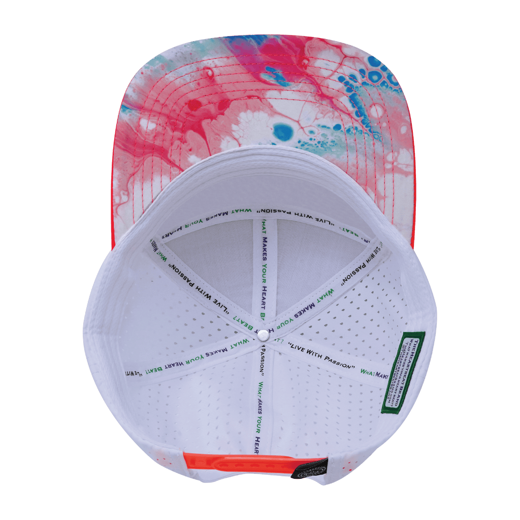 The Heartbeat Brand **ADULT** Color Vibes Hat - Flat Bill - Pixi Dust - Neon Peach / Neon Blue / White - Laser Mesh — lifestyle worn / used context