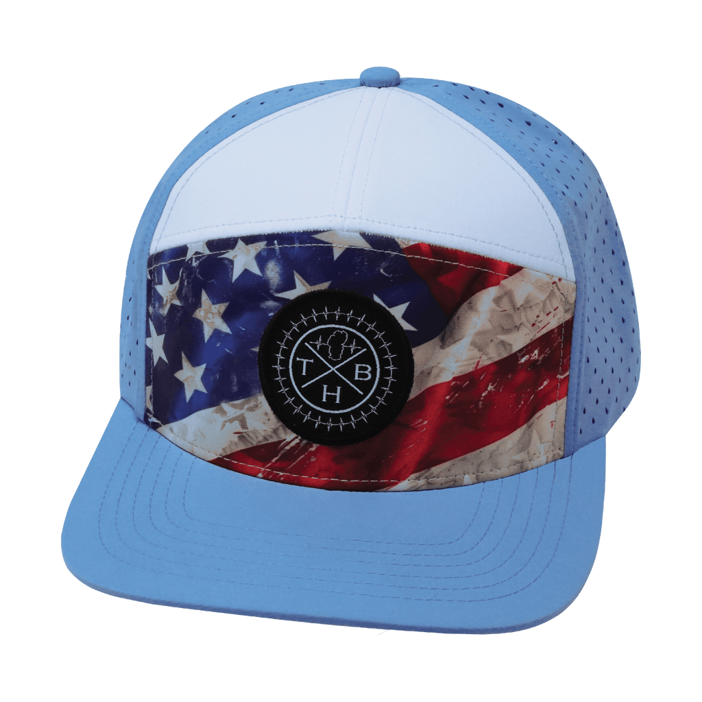 The Heartbeat Brand **ADULT** Color Vibes Hat - Flat Bill - Rugged Flag - Baby Blue / White - Laser Mesh — The Heartbeat Brand branding close-up