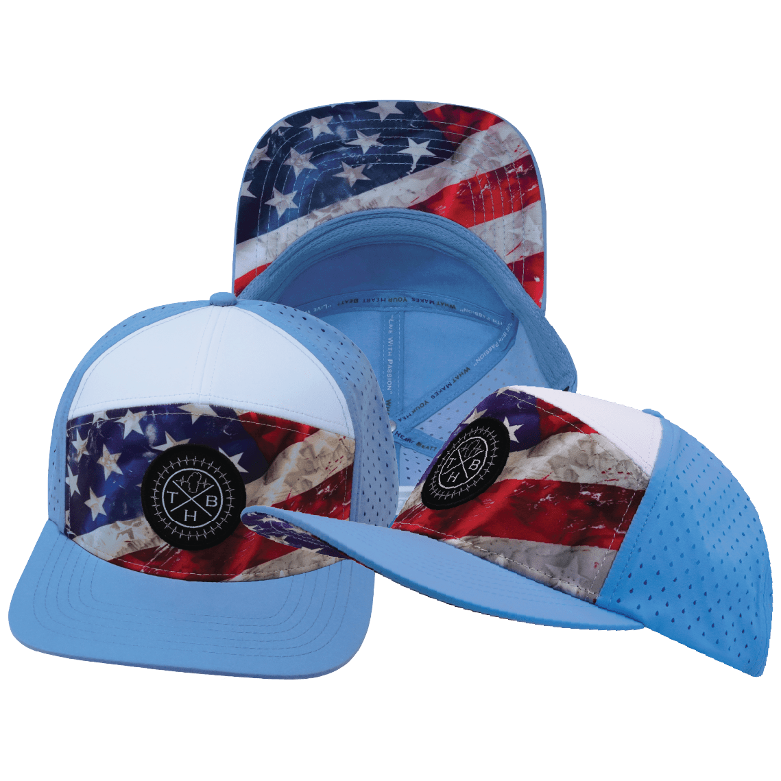 The Heartbeat Brand **ADULT** Color Vibes Hat - Flat Bill - Rugged Flag - Baby Blue / White - Laser Mesh — main product shot