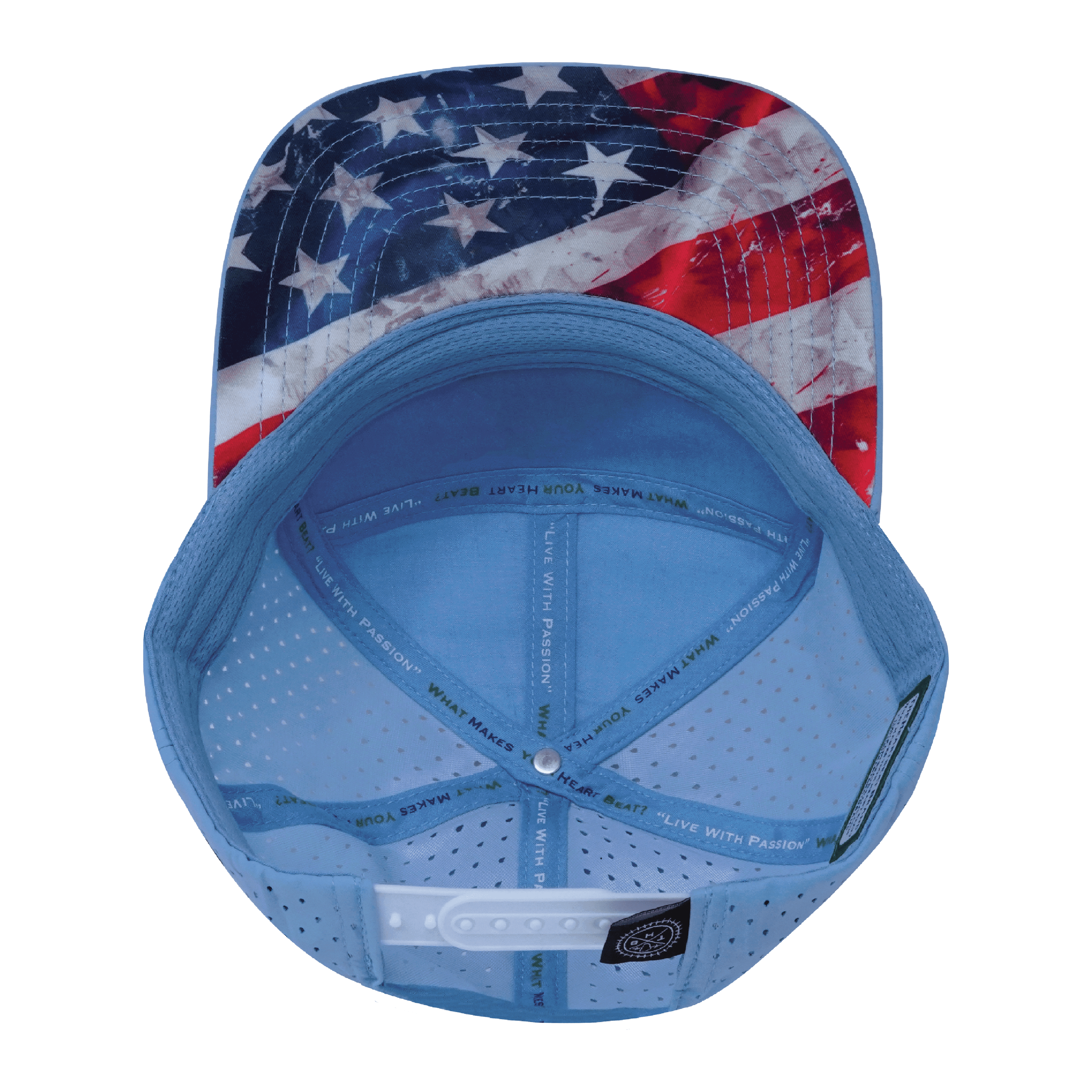 The Heartbeat Brand **ADULT** Color Vibes Hat - Flat Bill - Rugged Flag - Baby Blue / White - Laser Mesh — lifestyle worn / used context