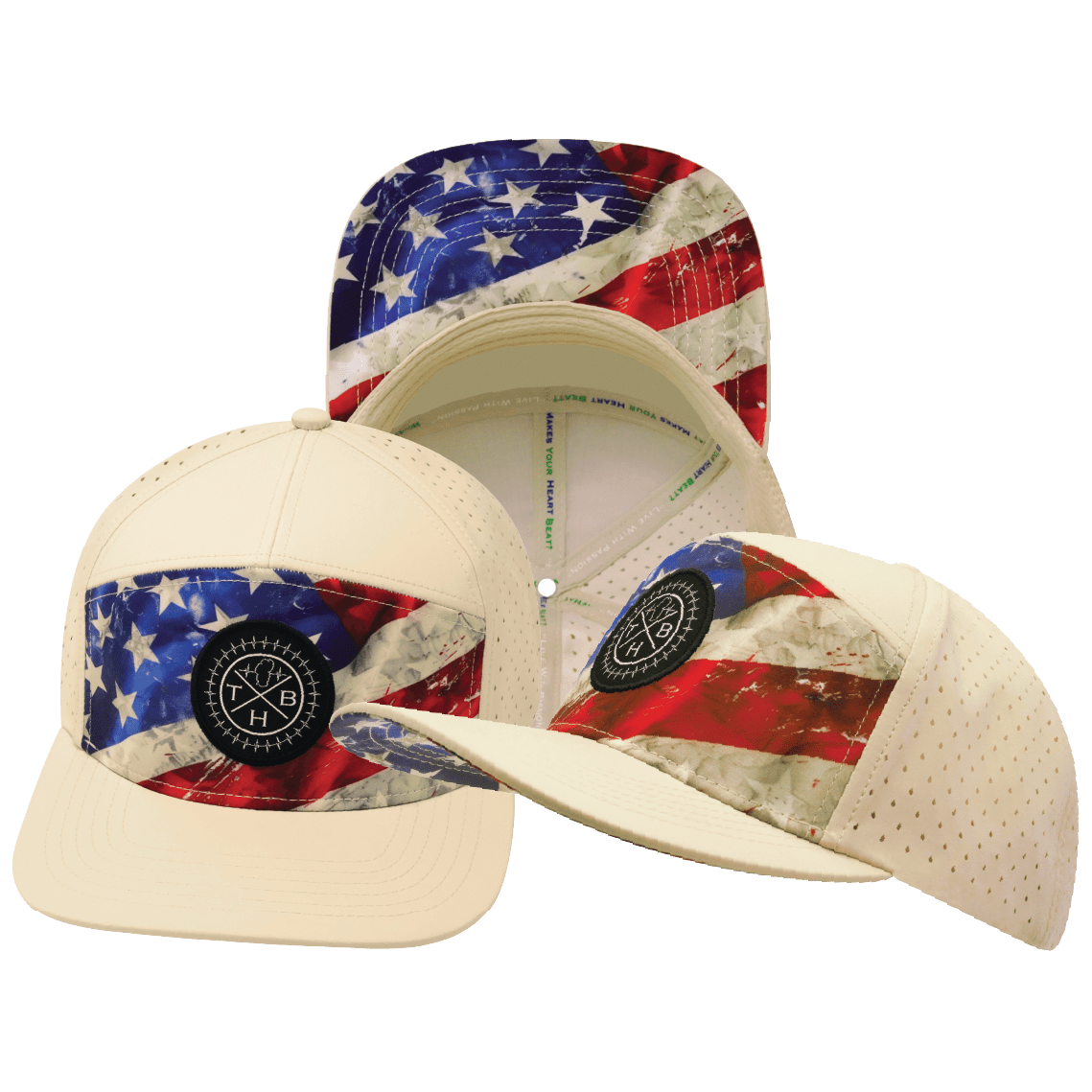 The Heartbeat Brand **ADULT** Color Vibes Hat - Flat Bill - Rugged Flag - Cream - Laser Mesh — main product shot