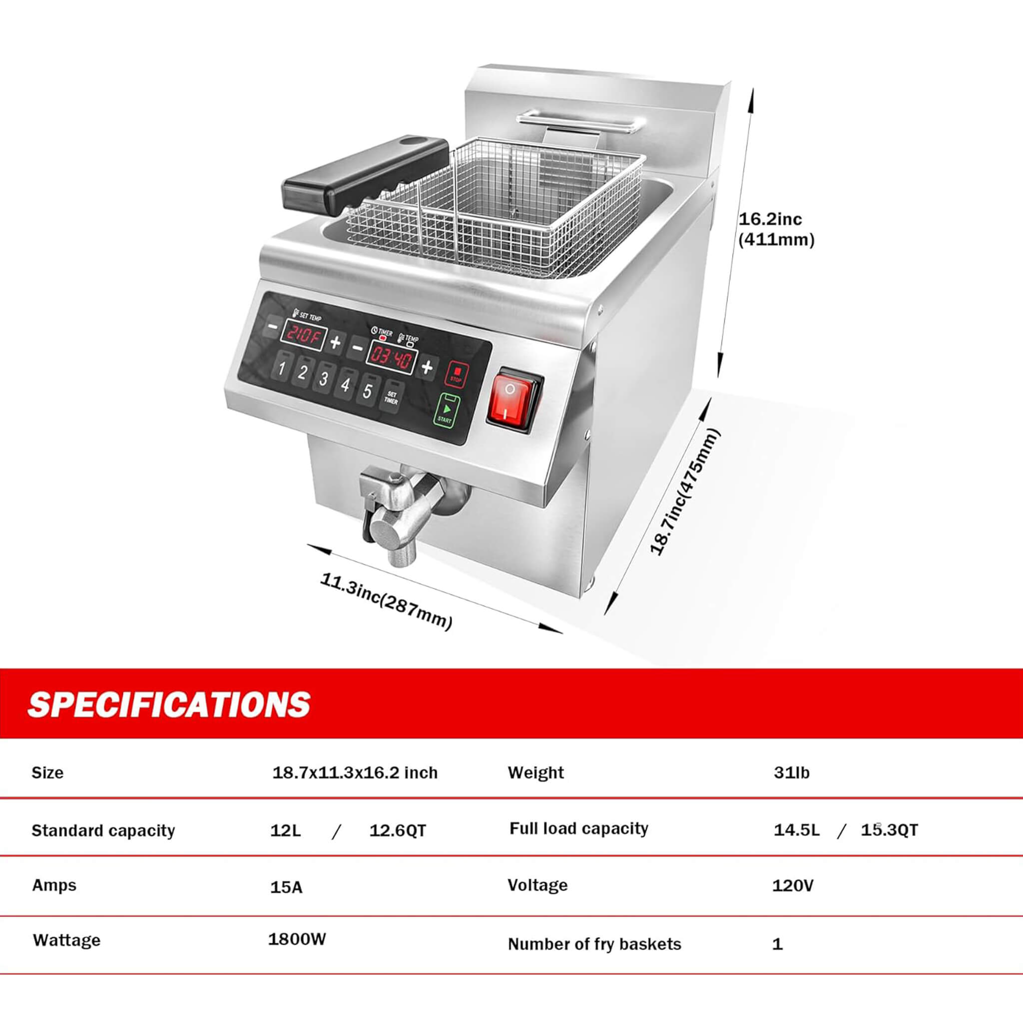 Commercial 12.6 QT 1800W Electric Induction Deep Fryer With Timer (SAK15870) – SAKSBY WHOLESALE, view 6