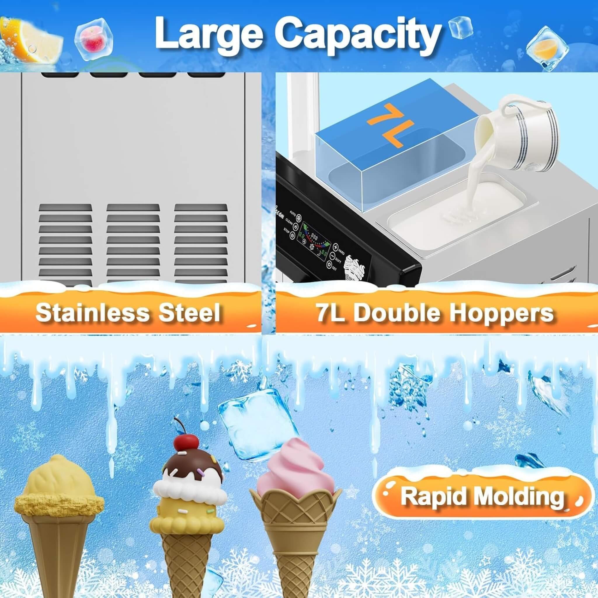 Commercial 2200W 3-Flavor Freestanding Soft Serve Ice Cream Machine With Auto Clean (SAK83517) – SAKSBY WHOLESALE, view 7
