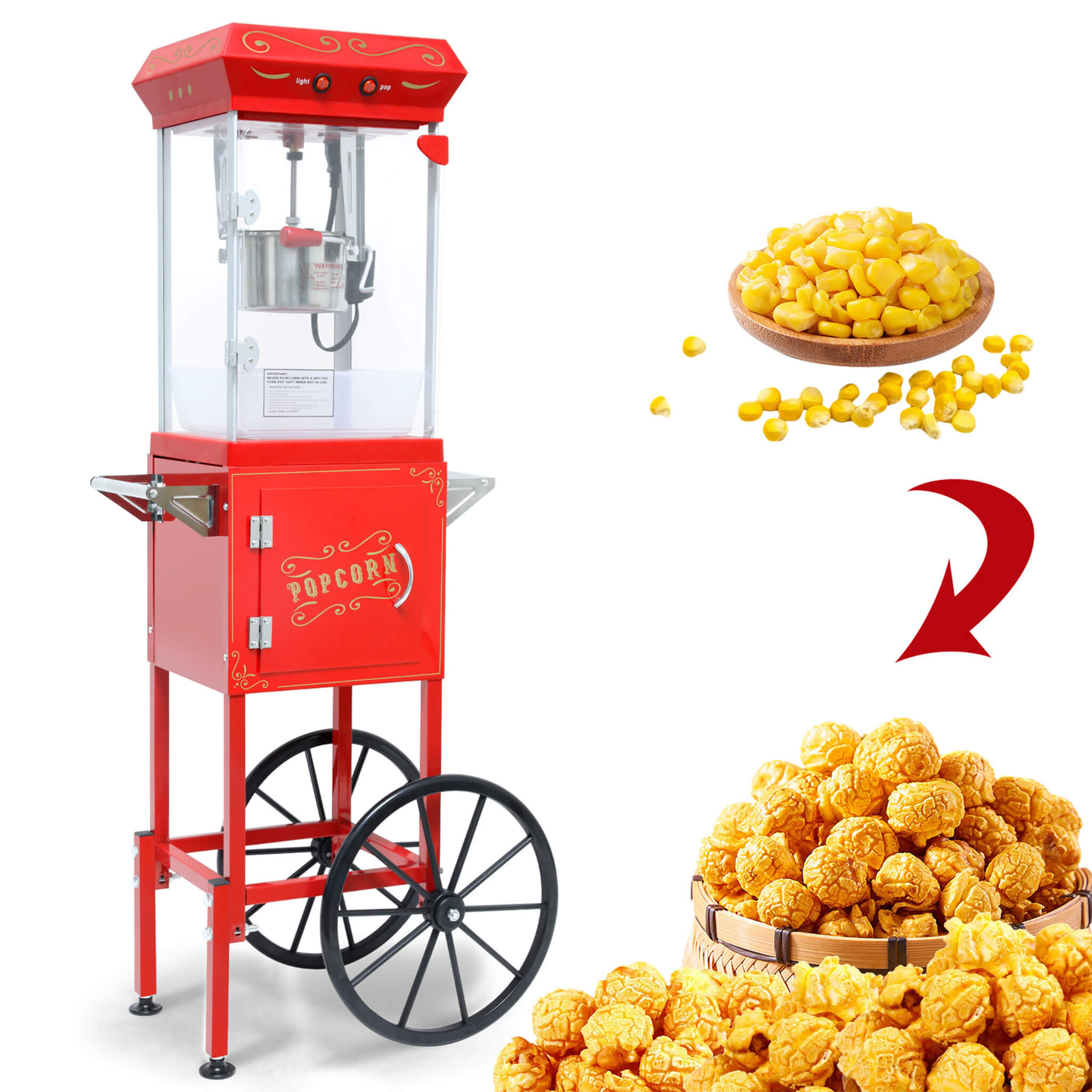 Commercial 6-Ounce Stainless Steel Vintage Popcorn Machine With Cart, Red (SAK35951) – SAKSBY WHOLESALE, view 4