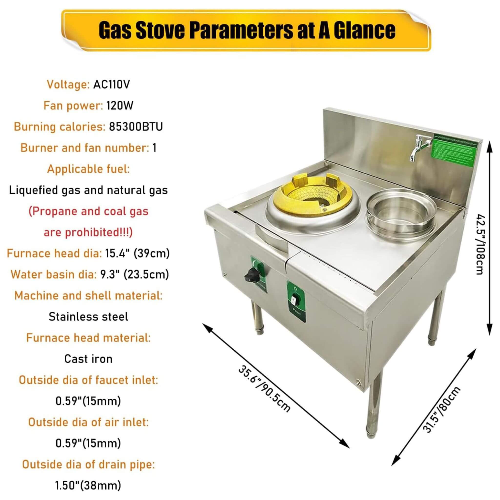 Commercial 85300 BTU Stainless Steel Single-Burner LPG NG Wok Stove (SAK46827) – SAKSBY WHOLESALE, view 9