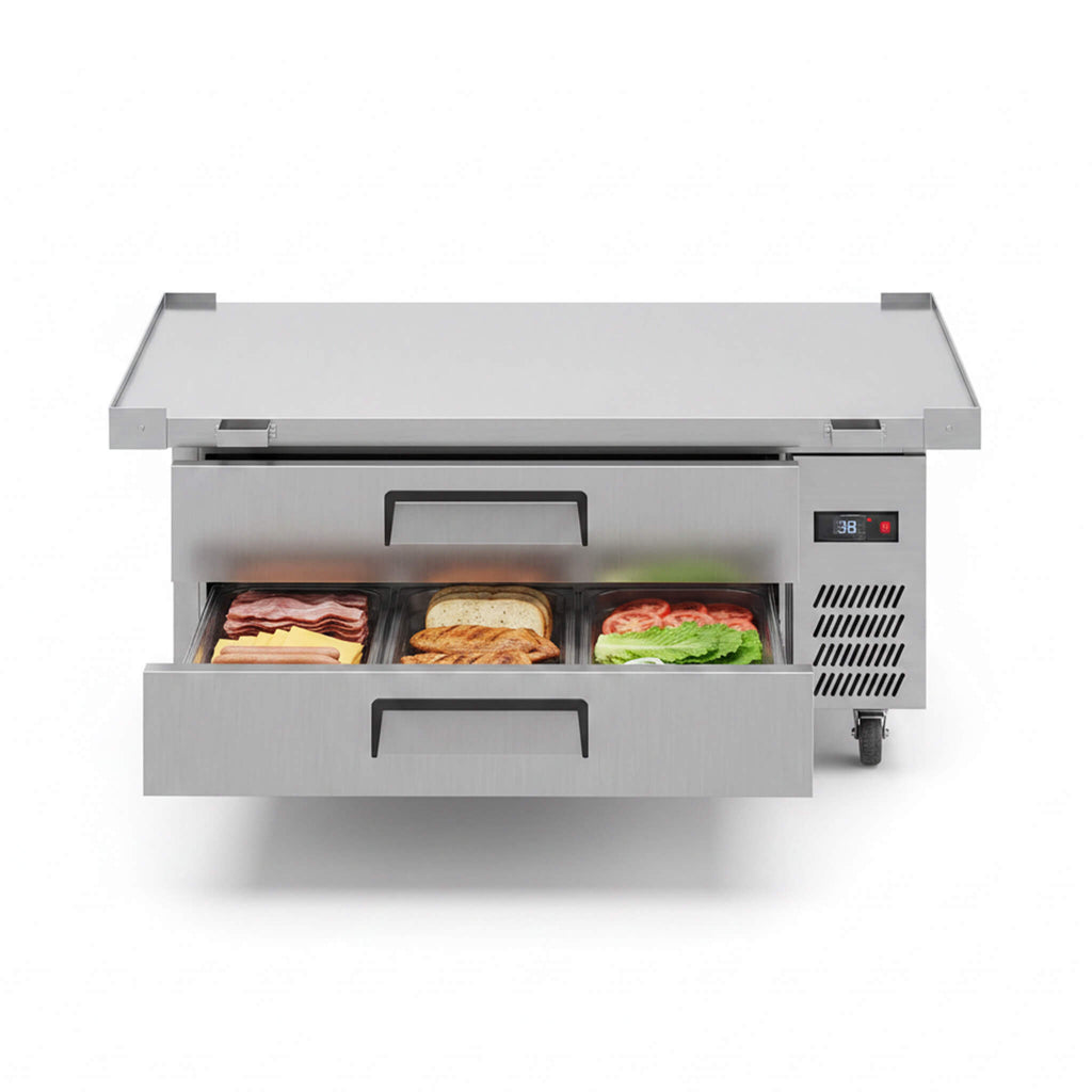 Commercial Double Drawer Undercounter Worktop Fridge With Chef Base & Wheels (SAK80596) – SAKSBY WHOLESALE, view 3