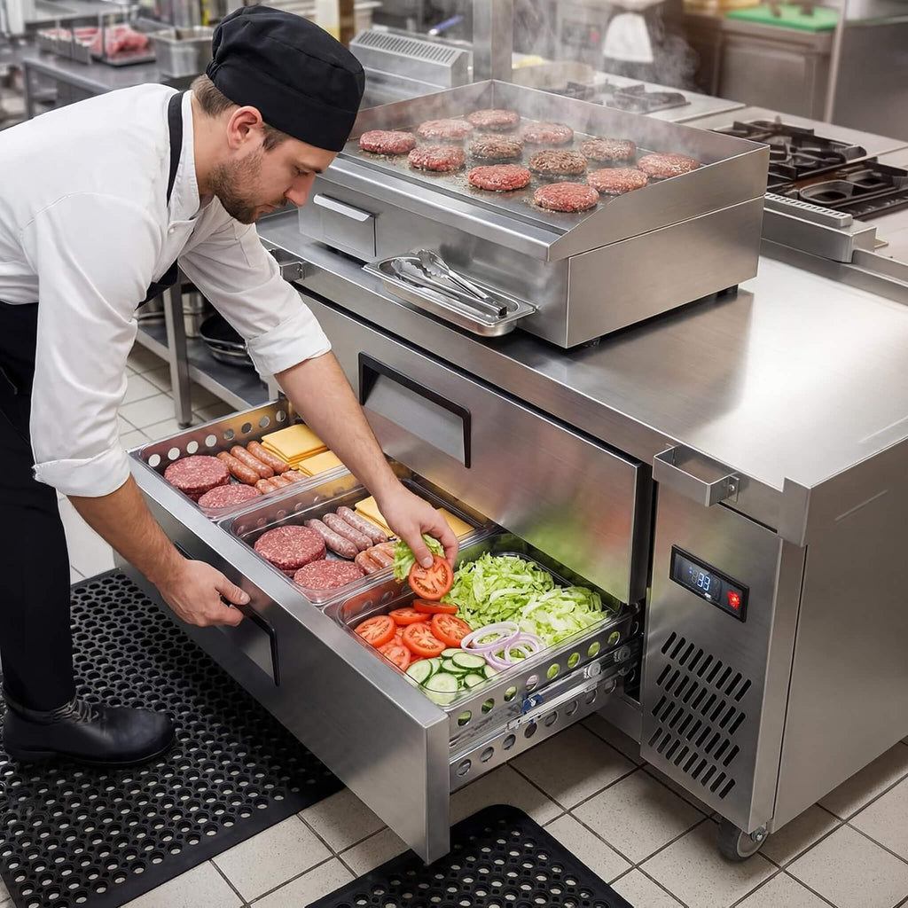Commercial Double Drawer Undercounter Worktop Fridge With Chef Base & Wheels (SAK80596) – SAKSBY WHOLESALE, view 5