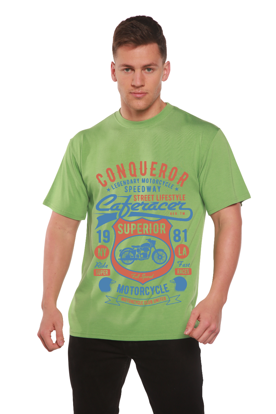 Spun Bamboo Conqueror Speedway Men's Bamboo Viscose/Organic Cotton Short Sleeve Graphic T-Shirt — size reference