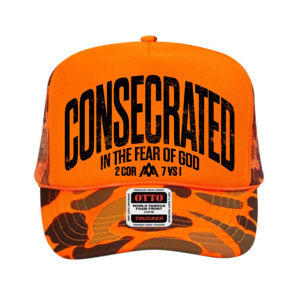 CONSECRATED Foam Trucker - Neon Orange/Camo — Malta Apparel Christian streetwear