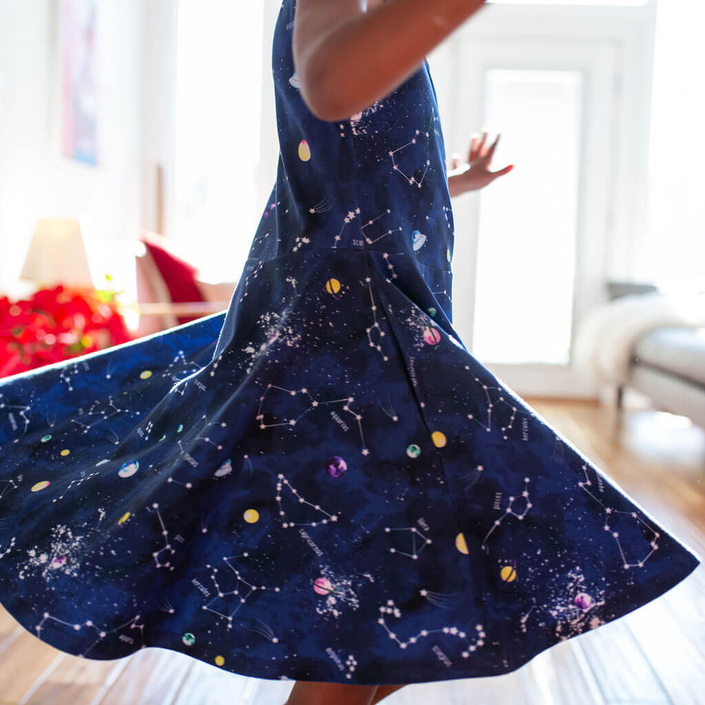 Princess Awesome & Boy Wonder "Cosmic Compass" Constellations Sleeveless Play Dress with Pockets — lifestyle worn / used context