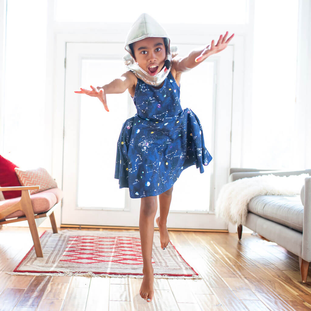 Princess Awesome & Boy Wonder "Cosmic Compass" Constellations Sleeveless Play Dress with Pockets — main product shot