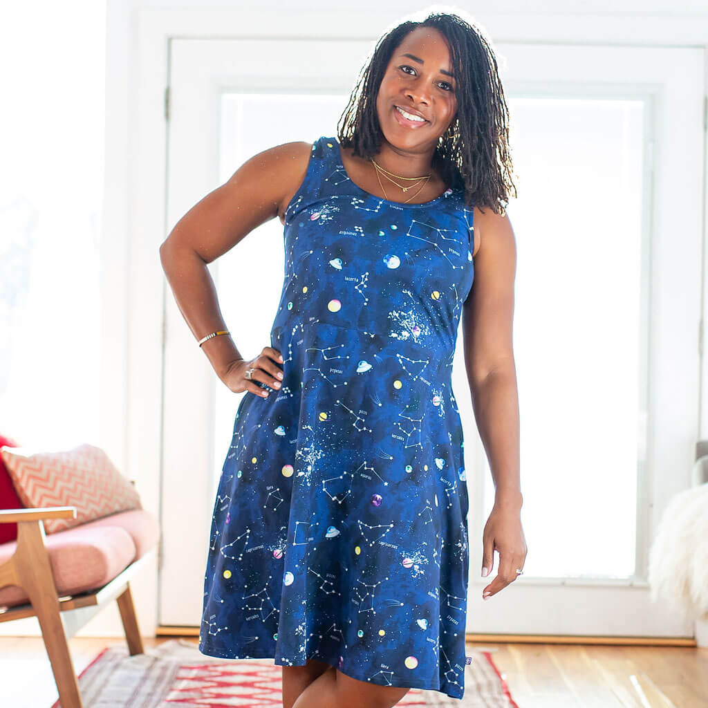 Princess Awesome & Boy Wonder Adult "Cosmic Compass" Constellations Sleeveless Dress with Pockets — adult dresses category context