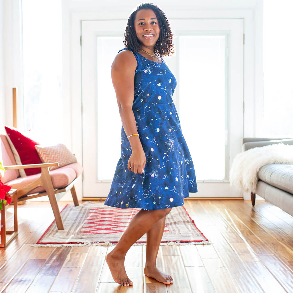 Princess Awesome & Boy Wonder Adult "Cosmic Compass" Constellations Sleeveless Dress with Pockets — main product shot