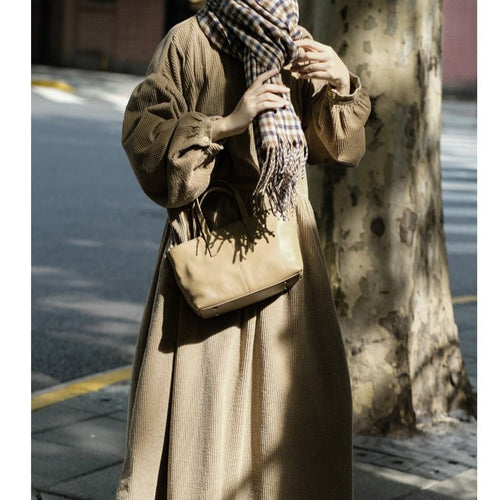Corduroy Bubble Sleeve Maxi Dress with Pockets | Vintage Soft Corduroy Winter Dress (MS205)