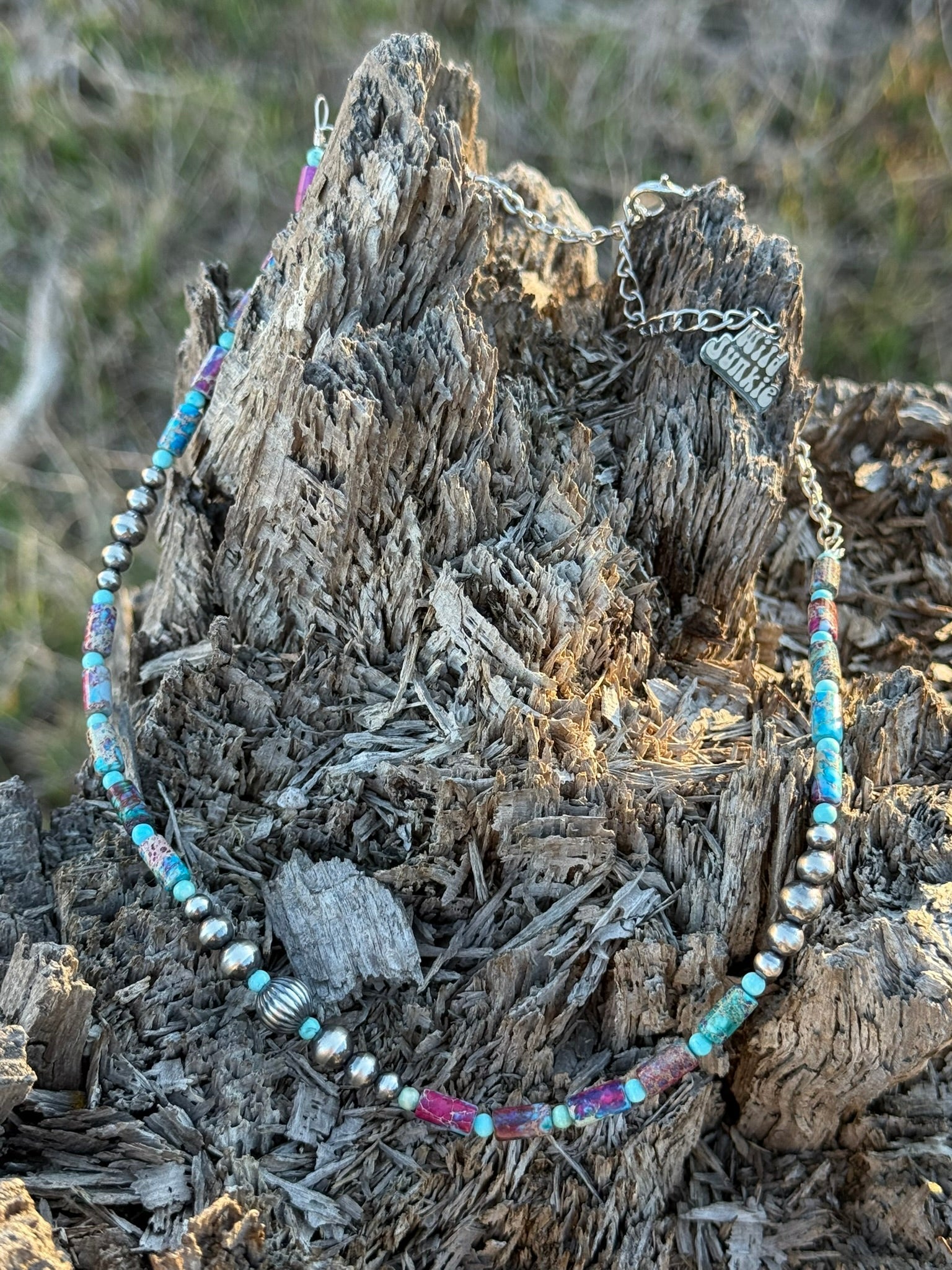 Wild Junkie Corrugated Silver Pearl and Jasper Barrel Bead Necklace — detail shot 6