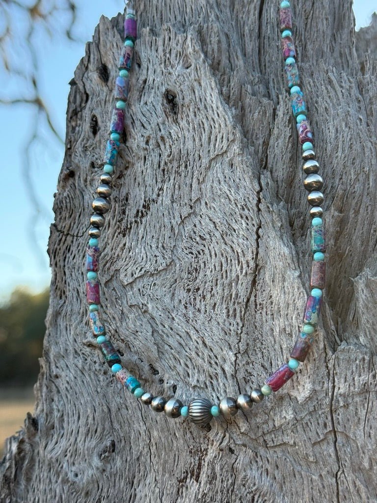 Wild Junkie Corrugated Silver Pearl and Jasper Barrel Bead Necklace — detail shot 8