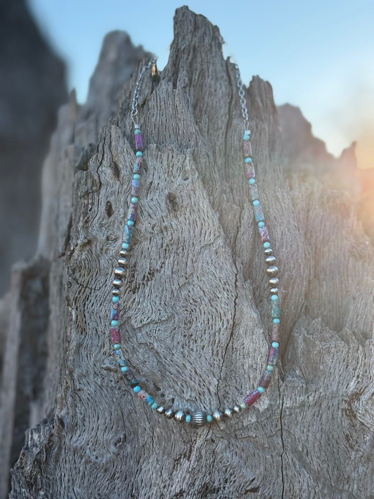 Wild Junkie Corrugated Silver Pearl and Jasper Barrel Bead Necklace — detail shot 7