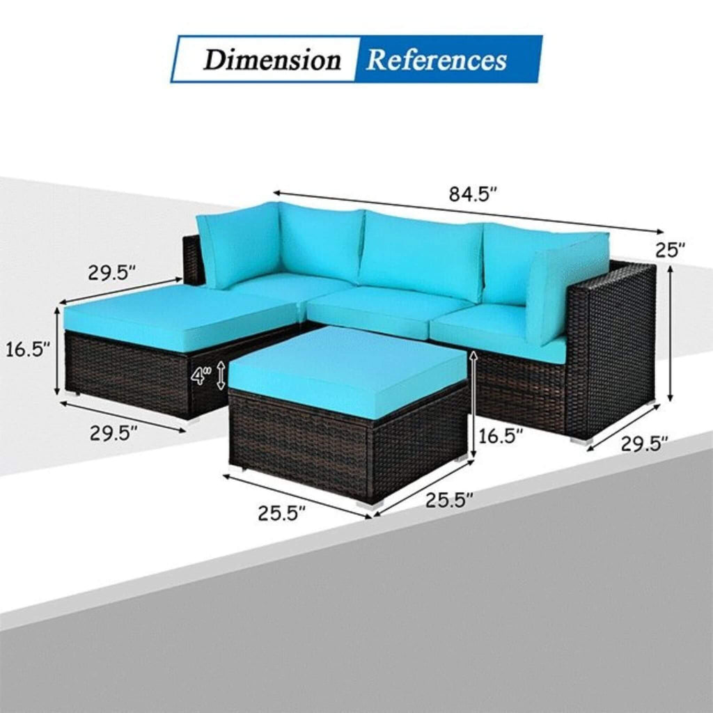 Alora Outdoor 5-Piece Patio Rattan Turquoise Furniture Sectional Conversation Sofa Set (SAK56878) – SAKSBY WHOLESALE, view 5