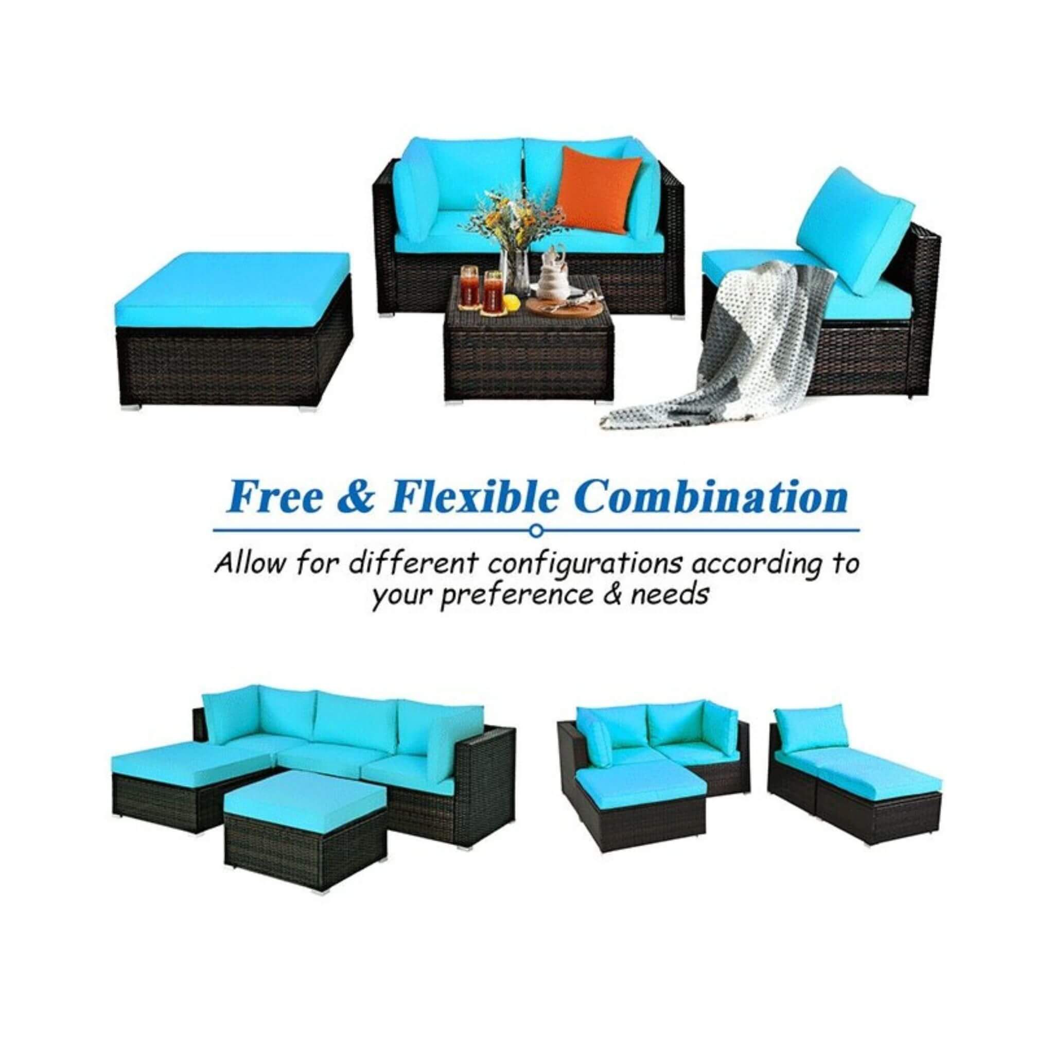 Alora Outdoor 5-Piece Patio Rattan Turquoise Furniture Sectional Conversation Sofa Set (SAK56878) – SAKSBY WHOLESALE, view 6