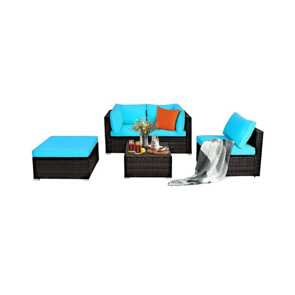 Alora Outdoor 5-Piece Patio Rattan Turquoise Furniture Sectional Conversation Sofa Set (SAK56878) – SAKSBY WHOLESALE, view 3