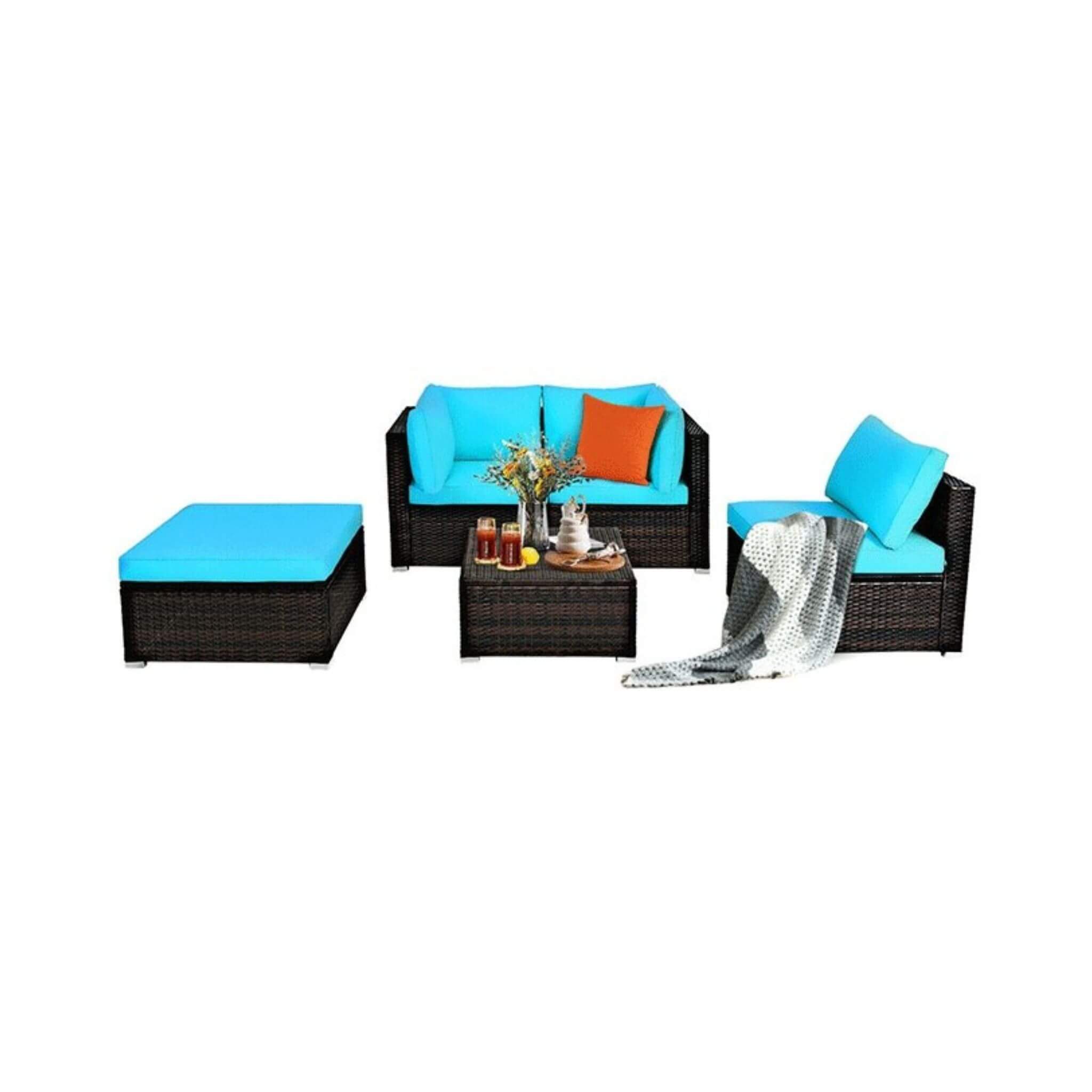 Alora Outdoor 5-Piece Patio Rattan Turquoise Furniture Sectional Conversation Sofa Set (SAK56878) – SAKSBY WHOLESALE, view 3