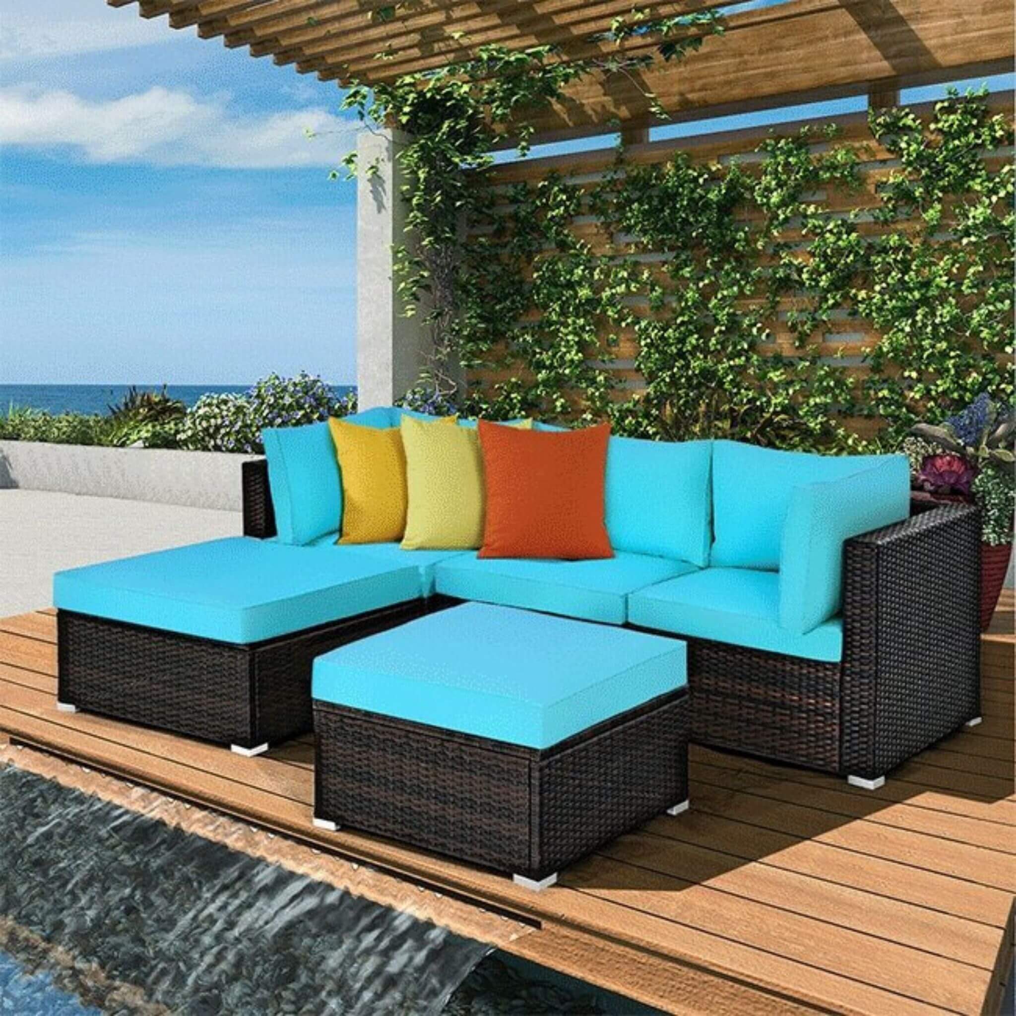 Alora Outdoor 5-Piece Patio Rattan Turquoise Furniture Sectional Conversation Sofa Set (SAK56878) – SAKSBY WHOLESALE