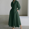 Cotton Linen Polo Collar Long Sleeve Maxi Dress(MS116)