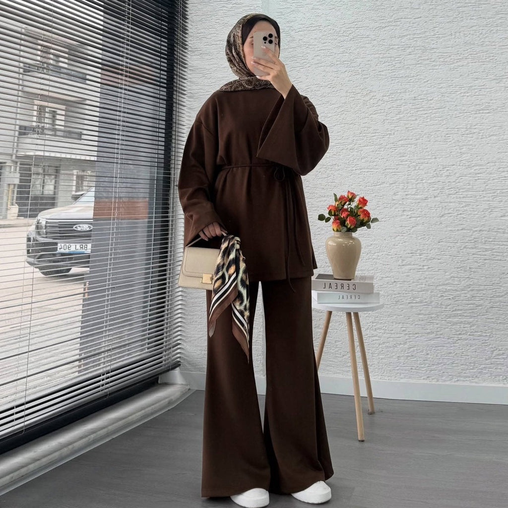 Cotton Two-Piece Set | Belted Tunic Top & Pants(MS279)