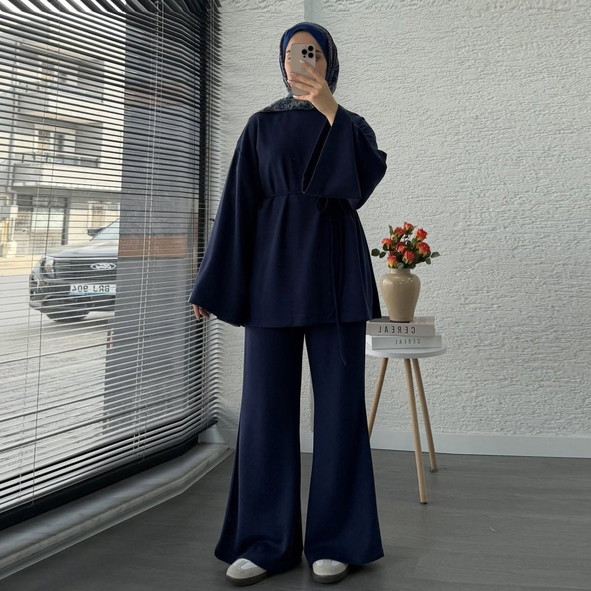 Cotton Two-Piece Set | Belted Tunic Top & Pants(MS279)